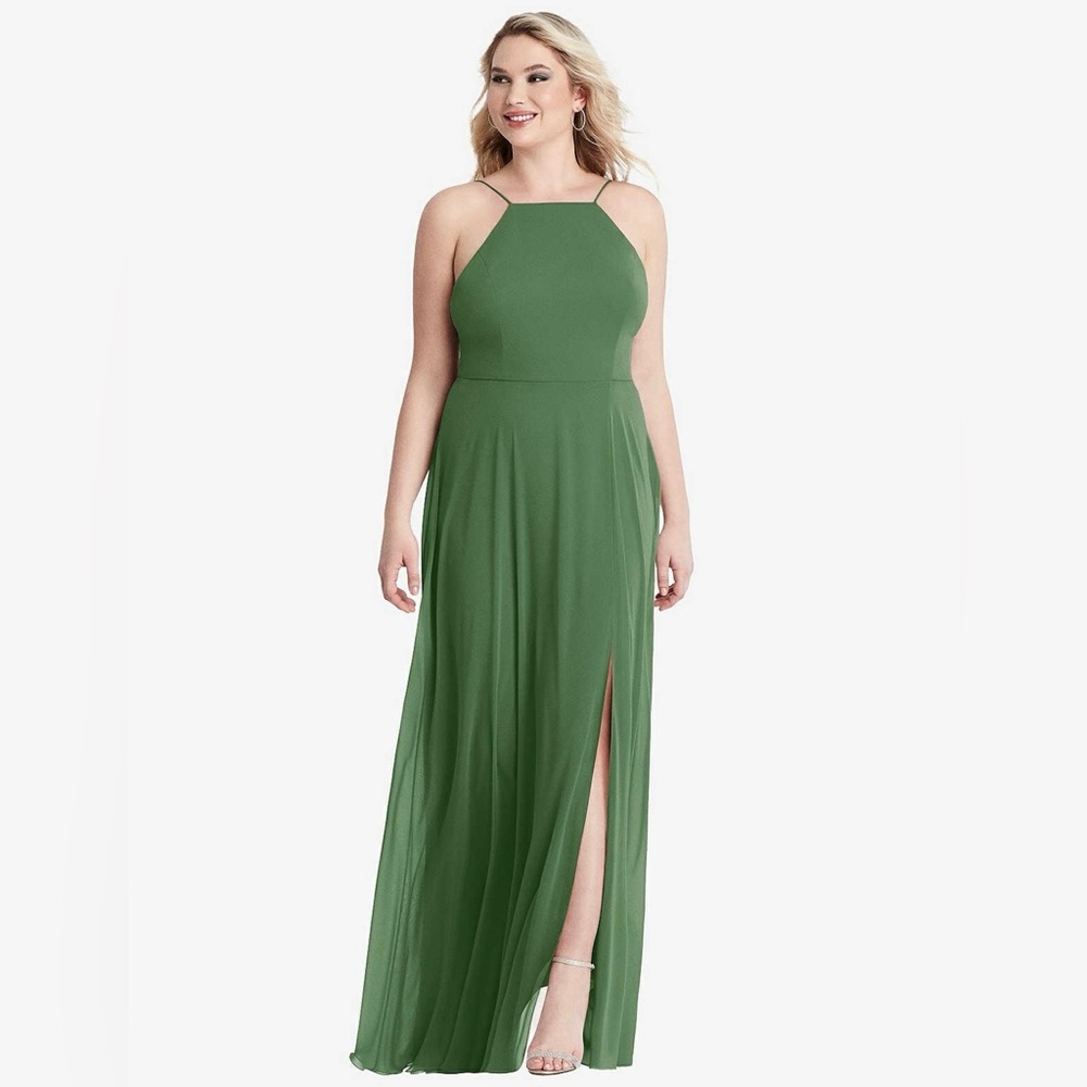 Dessy Collection LB010 HIGH NECK CHIFFON MAXI DRESS FRONT SLIT VINEYARD GREEN